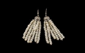 White Fresh Water Seed Pearl Tassel Earrings,