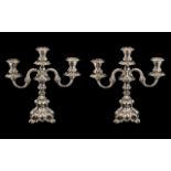 Danish - Superb Quality Mid 20th Century Georgian Style Pair of Silver 3 Branch / Light Candelabra