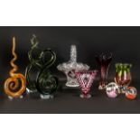 Collection of Glassware comprising Cranberry glass vase 6" tall; two decorative paperweights;