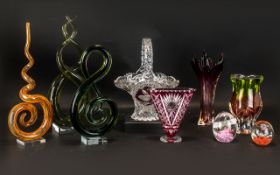 Collection of Glassware comprising Cranberry glass vase 6" tall; two decorative paperweights;