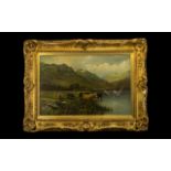 Douglas Cameron Victorian Oil Painting on Canvas depicting Highland cattle at a loch edge with