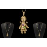 Superb Quality Novelty 9ct Gold Gem Set Reticulated Rag Doll Pendants Figure Set with Diamonds,