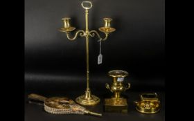 Collection of Brass Items, including Brass Double Candlestick, brass urn on base, brass box,