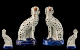 Victorian Period Fine True Pair of Hand Painted Staffordshire Dalmation Dogs with Orange Noses and