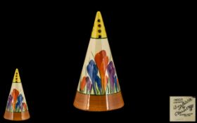 Clarice Cliff Hand Painted Large Conical Sugar Sifter, Crocus' design, circa 1929; 5.75 inches (14.