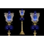 Large Bristol Blue Oil Lamp on a Classical Brass Column with capitals on a square base,