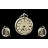 Victorian Period Large Silver Open Faced Pocket Watch, Lever Escapement, Porcelain Dial.