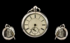 Victorian Period Large Silver Open Faced Pocket Watch, Lever Escapement, Porcelain Dial.