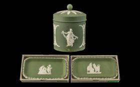 Green Jasper Wedgwood three pieces to include, one candy jar, and two oblong sweet dishes.