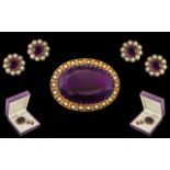 Mid Victorian Period Superb and Large 15ct Gold Faceted Amethyst / Seed Pearl Set Mounted Brooch