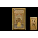 A Pair of 19thC Middle Eastern Painted Plaster Plaques depicting architecture housed in a glazed