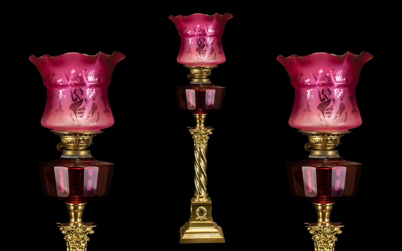 Large Ruby Glass Victorian Corinthian Coloured Brass Oil Lamp,