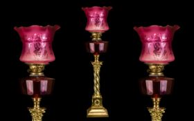 Large Ruby Glass Victorian Corinthian Coloured Brass Oil Lamp,