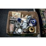 Box of Collectible Glass & Ceramic Items, comprising a green glass lidded pot with gilt trim, a blue