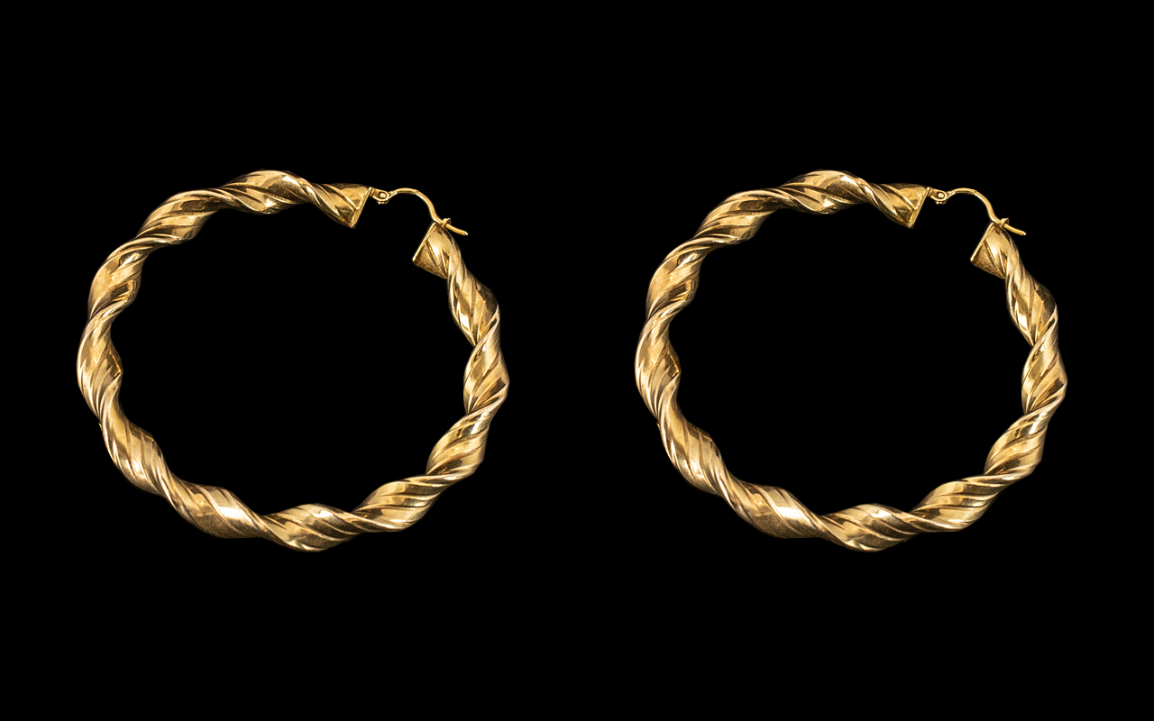Ladies - Gypsy Design 9ct Gold Large Pair of Hoops Earrings for Pierced Ears.