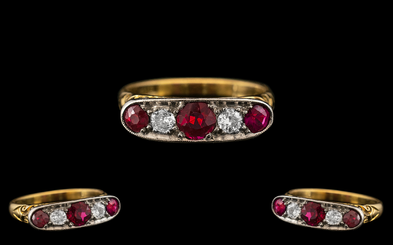 Antique Period 18ct Gold - Attractive 5 Stone Diamond and Ruby Set Dress Ring - Gallery Setting.