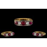 Antique Period 18ct Gold - Attractive 5 Stone Diamond and Ruby Set Dress Ring - Gallery Setting.