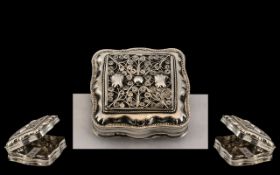 Dutch Wonderful 19th Century Silver Box with applied exquisite filigree work to cover of square