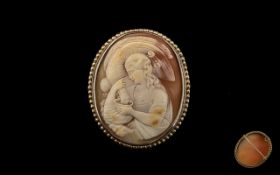 Antique Period Silver Gilt - Mounted Large Oval Shaped Shell Cameo Brooch of Nice Quality,