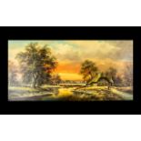 Large Oil on Canvas depicting a country scene at dusk with figures. Framed. Signed 'Baumgart'.