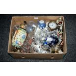 Box Lot of Miscellaneous Art Pottery, Glassware, Nao figures, Staffordshire figures, clock works