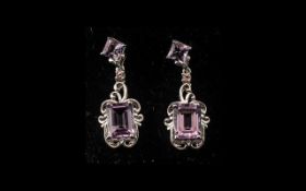 Rose de France Amethyst and Pink Tourmaline Designer Earrings, a pair of drop earrings with octagon,