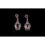 Rose de France Amethyst and Pink Tourmaline Designer Earrings, a pair of drop earrings with octagon,