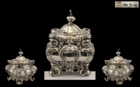 Victorian Period Wonderful Sterling Silver Lidded Tea Caddy of Excellent Form and Profuse Decoration