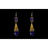 Antique Period Attractive 18ct Gold Lapis - Lazuli Set Pair of Stylish Drop Earrings of Excellent