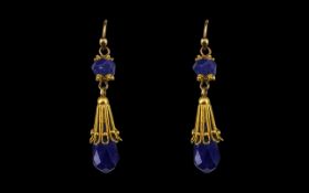 Antique Period Attractive 18ct Gold Lapis - Lazuli Set Pair of Stylish Drop Earrings of Excellent
