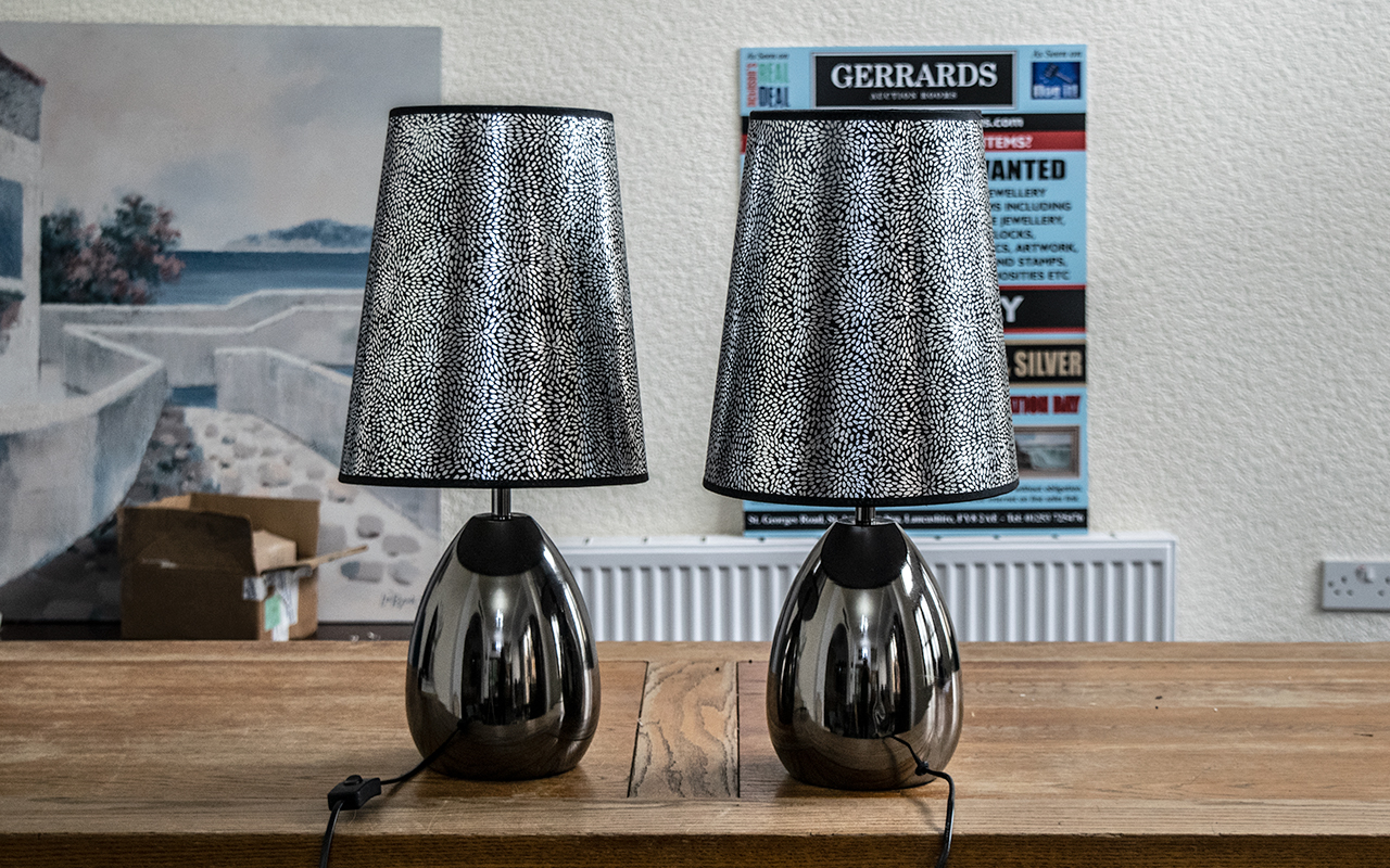 Pair of Modern Table Lamps with shades. Pewter colour bases with silver patterned shades, measure