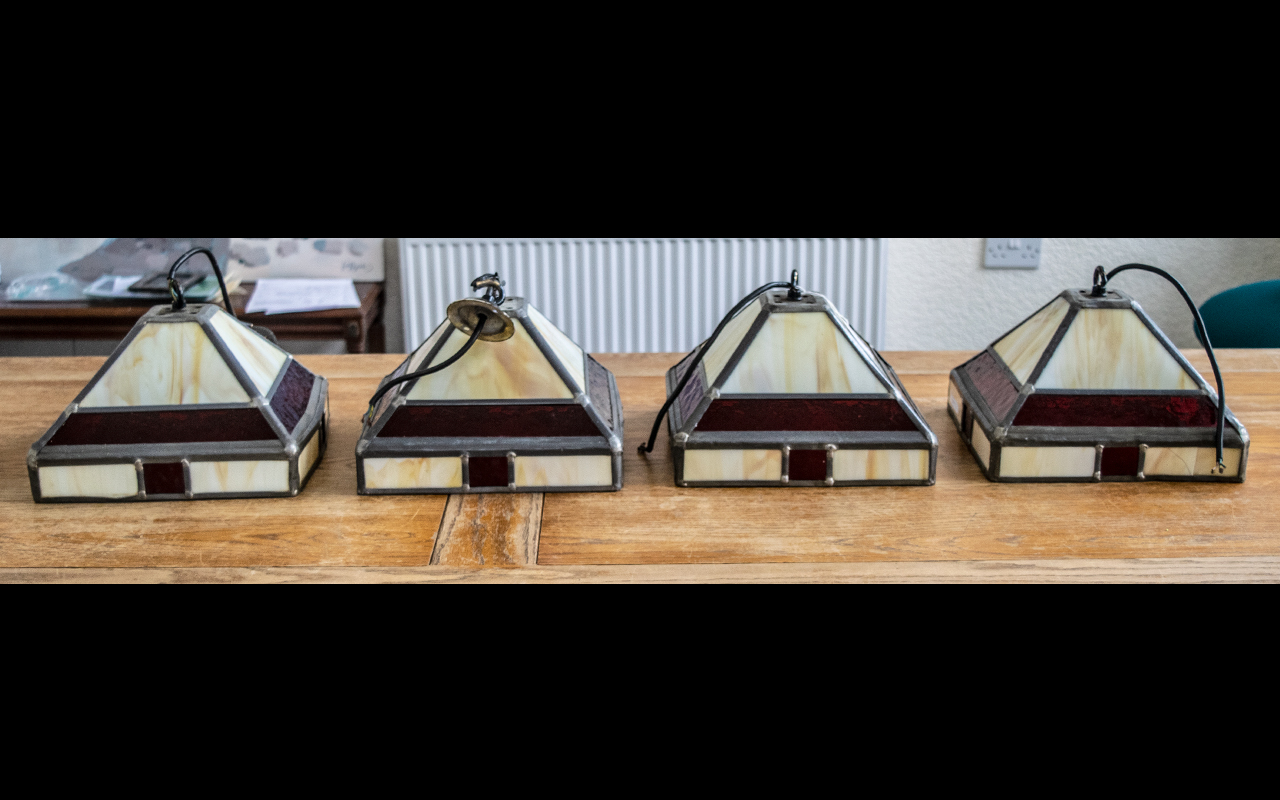 Four Small Matching Light Shades in Art Deco style, leaded with cream and ruby glass, ,