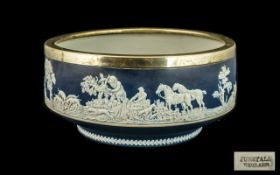 Wedgwood Bowl Blue Jasperware depicting a hunting scene, with marks to base 'Adams' Tunstall,