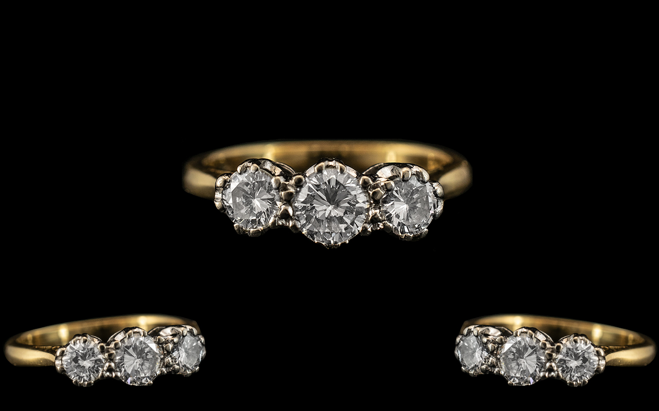 18ct Gold and Platinum - Attractive 3 Stone Diamond Set Ring In a Gallery Setting.