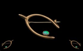 9ct Gold - Wish Bone Shaped Brooch Set with Single Opal of Good Colour, No Marks but Tests 9ct.