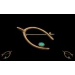 9ct Gold - Wish Bone Shaped Brooch Set with Single Opal of Good Colour, No Marks but Tests 9ct.