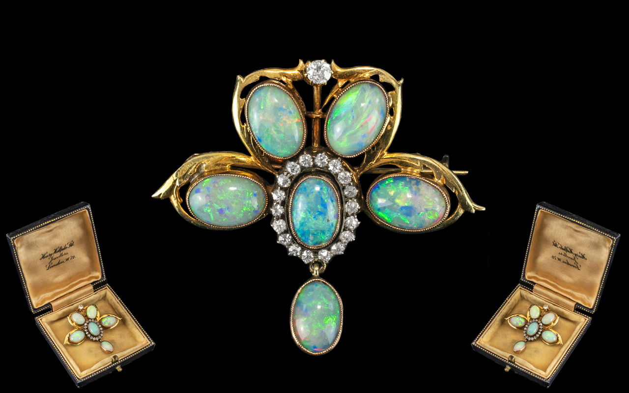 A Superb Quality Antique Period 18ct Gold Opal and Diamond Set Pendant - Drop Brooch of Lovely