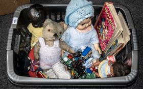Collection of Vintage Dolls & Teddy comprising baby girl doll dressed in knitted outfit;