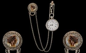 Swiss Fine Silver Ladies 1920's Small Pocket Watch with Ornate Porcelain Dial and Attached White