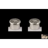 A Pair of Circular Pill Boxes ( Miniatures ) With Heavy Embossed Scroll Images to Covers,