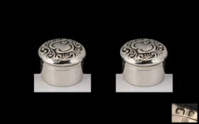 A Pair of Circular Pill Boxes ( Miniatures ) With Heavy Embossed Scroll Images to Covers,