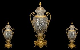 French - Early 20th Century Huge and Impressive Gilt Bronze Mounted Diamond Shaped Cut Glass Twin