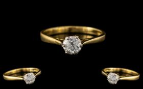 18ct Diamond Solitaire Claw Set Ring. Yellow gold shank with old cut diamond, approximately 0.6 ct.