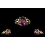 Ladies - Attractive 9ct Gold - Single Stone Amethyst Set Ring. Excellent Design / Setting.