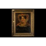 Small Victorian Oil Painting on Canvas, depicting a lady in period dress and lace bonnet,