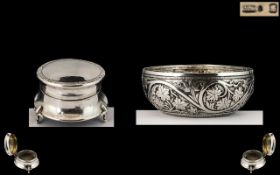 Mappin & Webb Delightful Silver Hinged Trinket Box of Circular Form and Raised on 3 Stylished Feet,