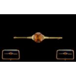 Art Deco Period 9ct Gold - Topaz Set Bar Brooch, Marked 9ct. In True Art Deco Style Lines.