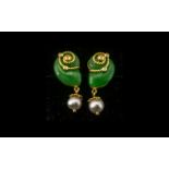 Carved Green Jade Nautilus and Fresh Water Pearl Drop Earrings,