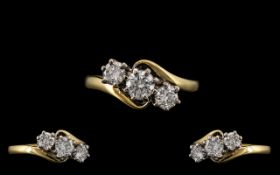 18ct Gold Attractive 3 Stone Diamond Set Ring, Of Pleasing Setting / Design.