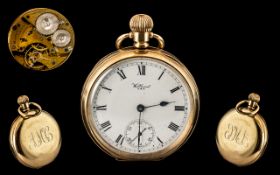 ' Marquis Waltham ' 10ct Gold Plated Key-less Open Faced Pocket Watch.